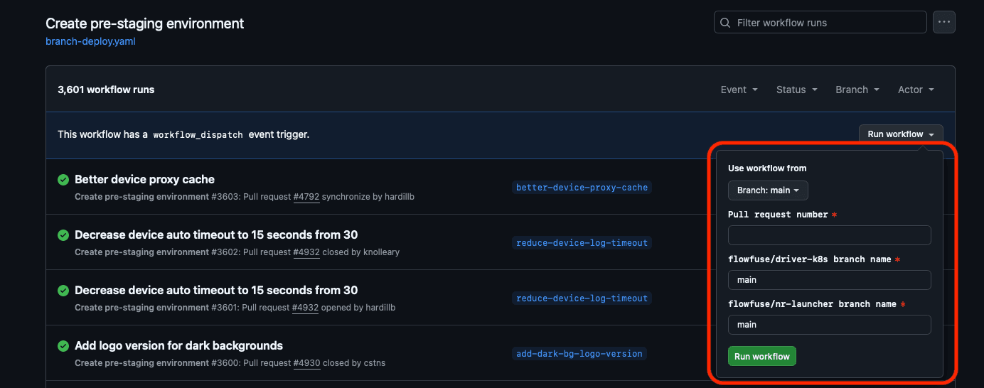 Create pre-staging environment workflow inputs